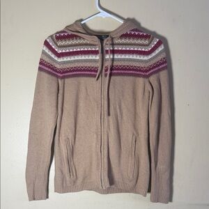 Eddie Bauer Tan Zip-Up Sweater with Red and White Pattern